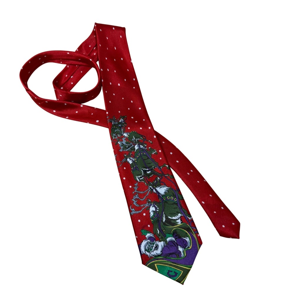 Vintage Hand Made Red White Polka Dot Santa Sleigh Christmas Necktie